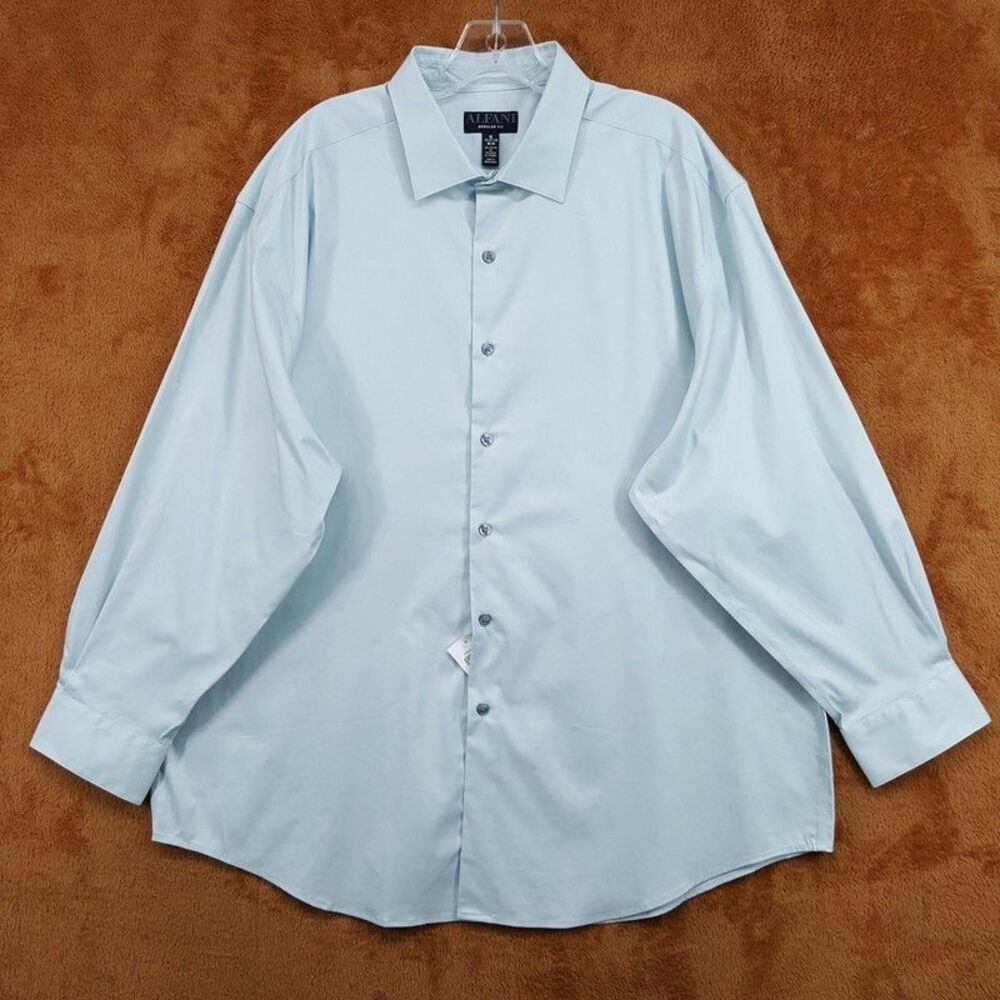 ALFANI Dress Shirt Mens Size 18 18.5 34 35 Pale Blue Regular Fit Stretch